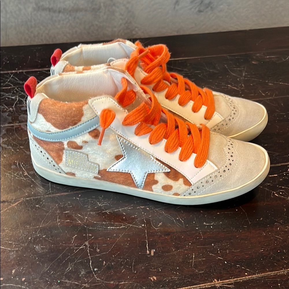Golden Goose Orange and White Distressed Cow Print Sneakers